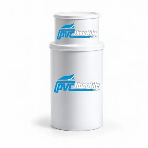 Adhesive PVC Glue kit displayed in two white plastic containers with lids and PVC Floor Tile branding