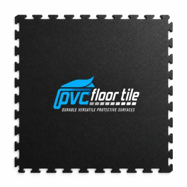 Black PVC Leather Interlocking Tile – Textured Flooring Black PVC Leather Interlocking Tile with a fine leather-textured surface and visible puzzle-style locking edges