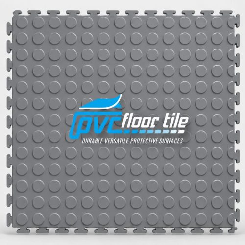 Grey Interlocking PVC Floor Tiles with raised circular coin pattern and visible puzzle-style locking edges