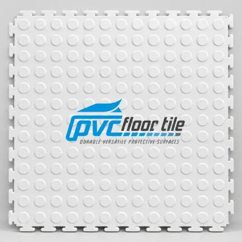 White PVC interlocking tiles with raised circular coin pattern and black interlocking edges