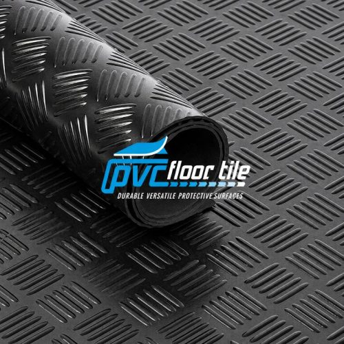 Black Checkered Rubber Roll partially rolled out, showing a raised diamond tread pattern and textured rubber surface