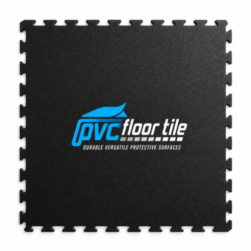 Black factory flooring tile with a finely textured surface and visible puzzle-style interlocking edges