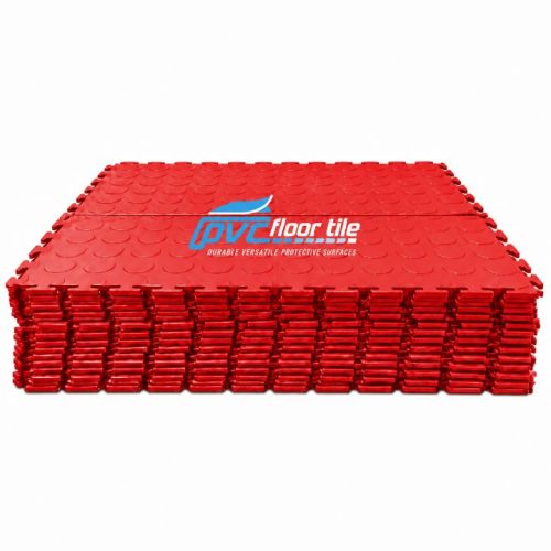 Warehouse Flooring Pack 5 SQM showing stacked red interlocking PVC tiles with raised circular coin pattern