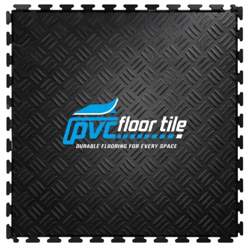 Black checkered interlocking tiles with raised diamond plate pattern and visible locking edges