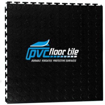 Black PVC Interlocking Hidden Joints tile with raised circular coin pattern and puzzle-style locking edges