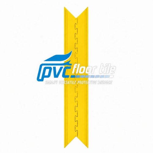 Yellow edging for PVC interlocking tiles with a slim profile, V-shaped ends and central interlocking detail