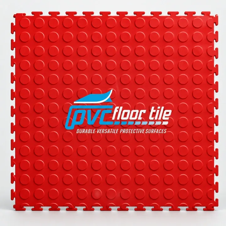 Red PVC Tiles – Interlocking PVC Flooring Red PVC tiles with raised circular coin pattern and visible interlocking edges