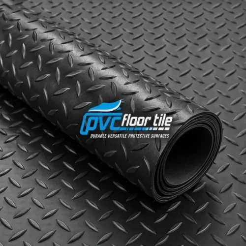 Black Diamond Rubber Flooring roll partially unrolled, showing a raised diamond tread pattern and textured surface