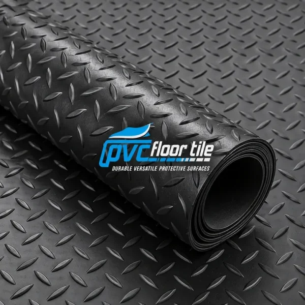 Black Diamond Rubber Flooring – Heavy-Duty Rubber Roll Black Diamond Rubber Flooring roll partially unrolled, showing a raised diamond tread pattern and textured surface