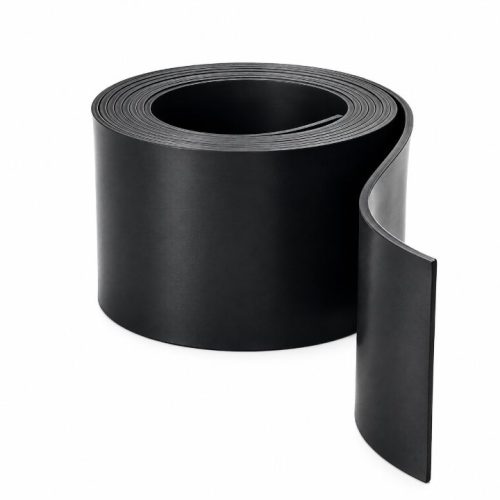 Black EPDM rubber sheeting rolled into a coil with a smooth surface and partially unrolled end