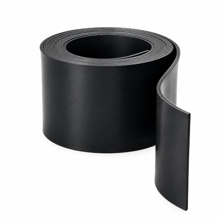 Black EPDM Rubber Sheeting – Flexible Rubber Roll Black EPDM rubber sheeting rolled into a coil with a smooth surface and partially unrolled end