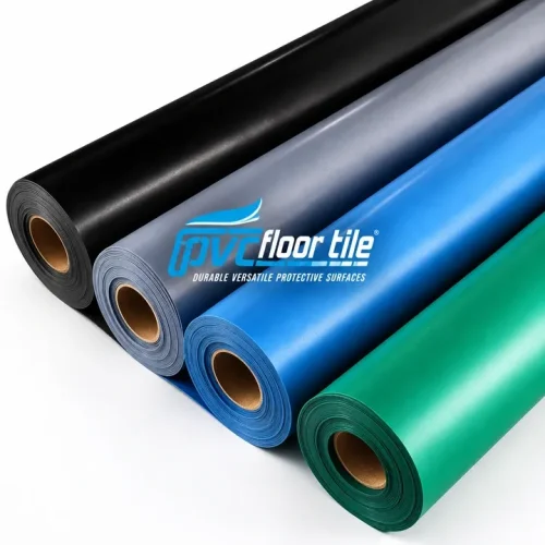 ESD Rubber Roll flooring materials displayed in black, grey, blue and green rolls