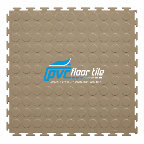 Beige coin pattern garage flooring tiles with raised circular texture and visible interlocking edges