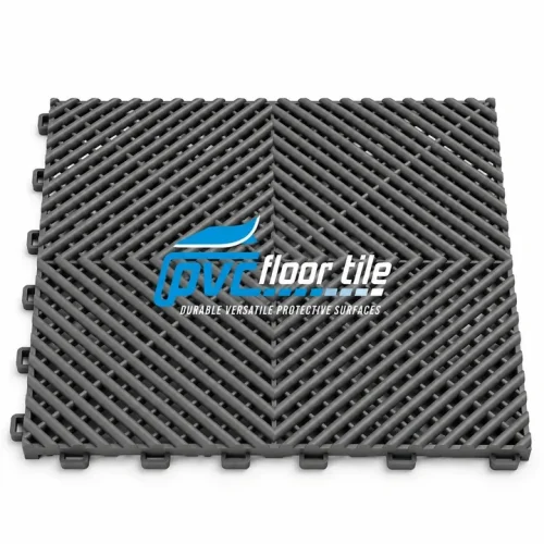Dark grey Vented Garage Floor Tiles with an open-grid drainage pattern and interlocking edges