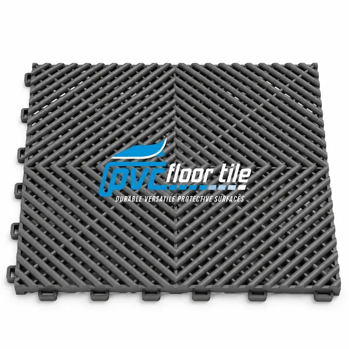 Dark Grey Vented Garage Floor Tiles – Interlocking Drainage Flooring Dark grey Vented Garage Floor Tiles with an open-grid drainage pattern and interlocking edges